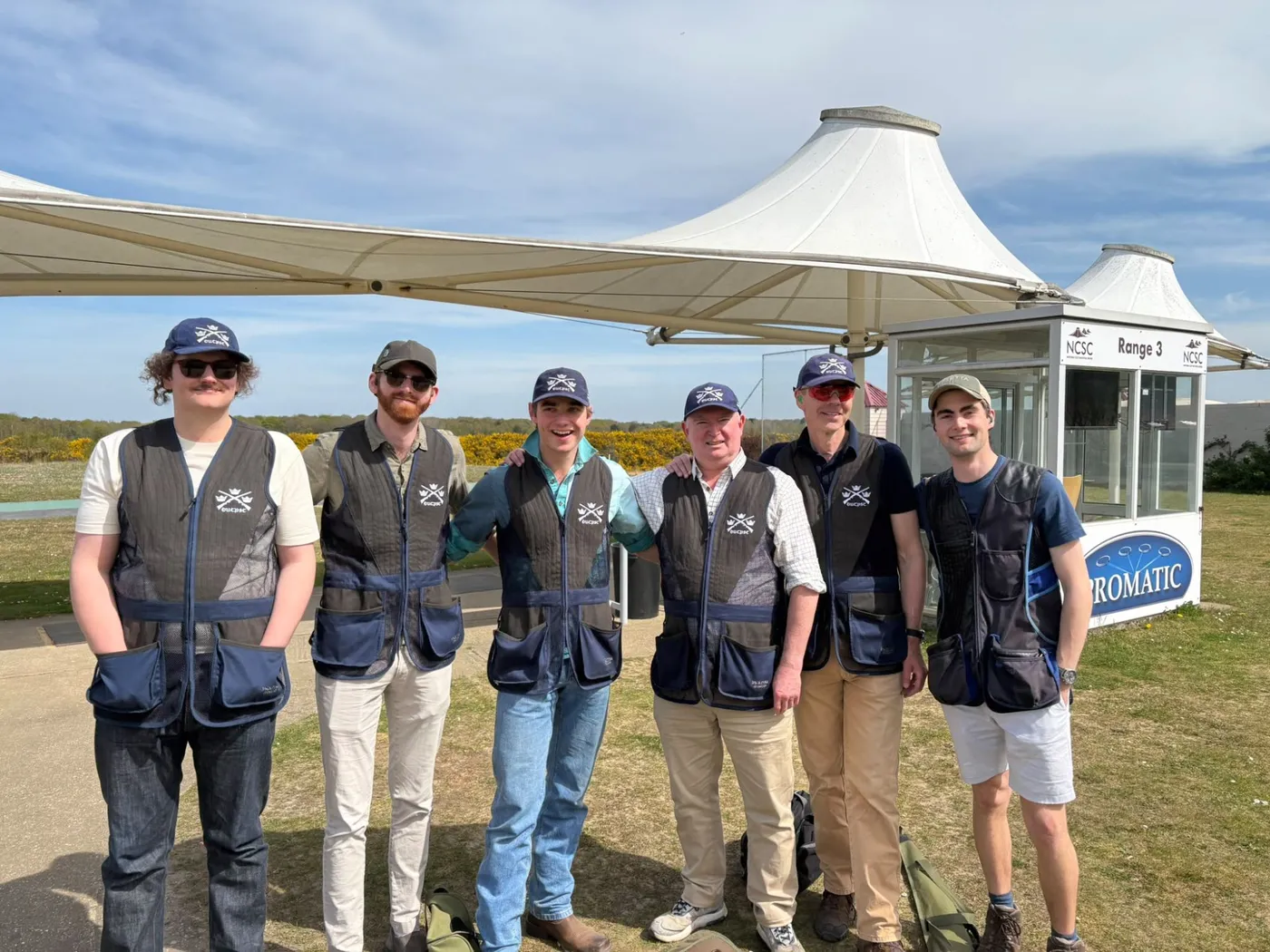 Six members in OUCPSC vests at the National Clay Shooting Centre